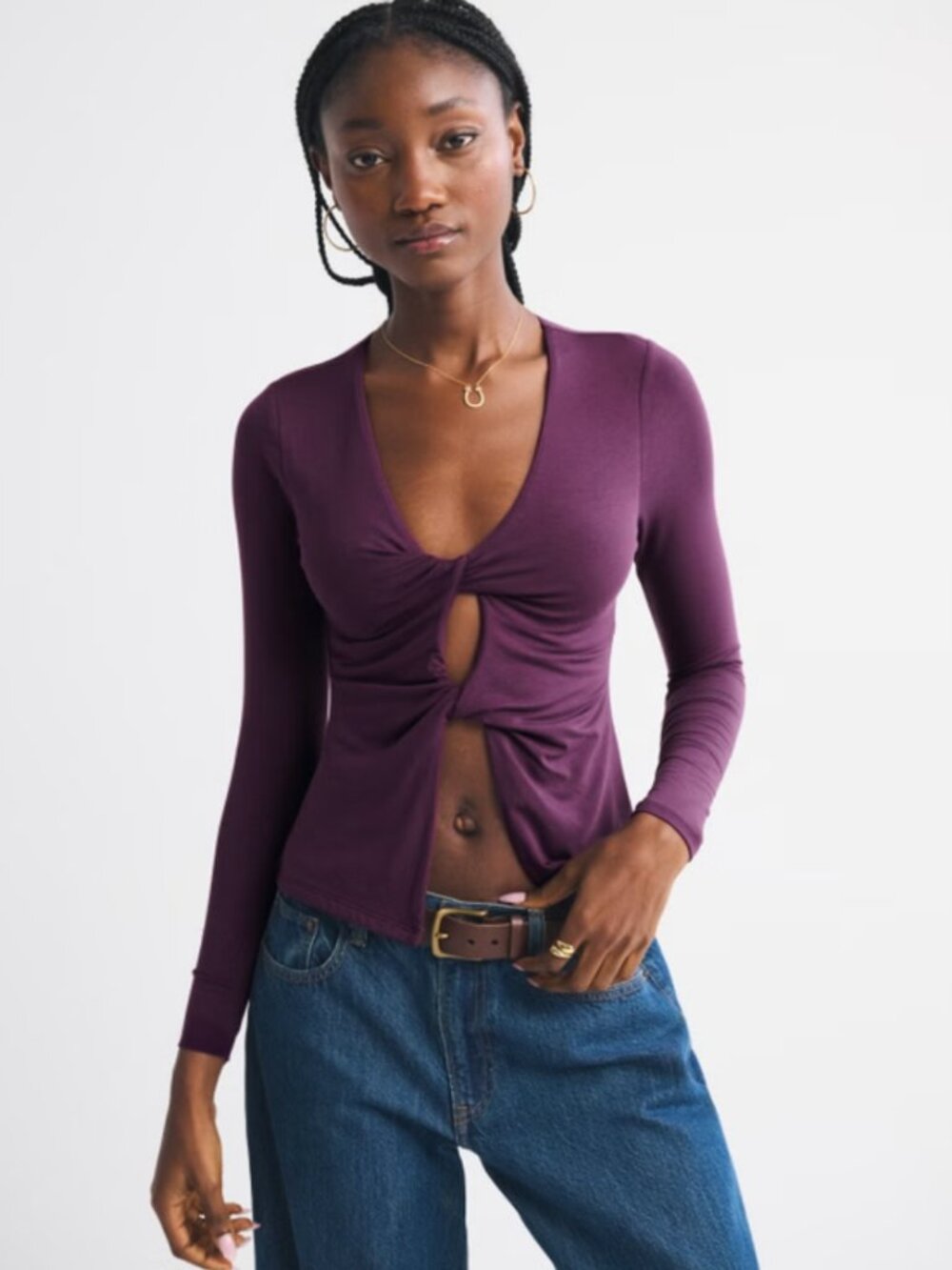 Abercrombie & Fitch Purple Bra-Free Long-Sleeve Twist Cutout Top - Small